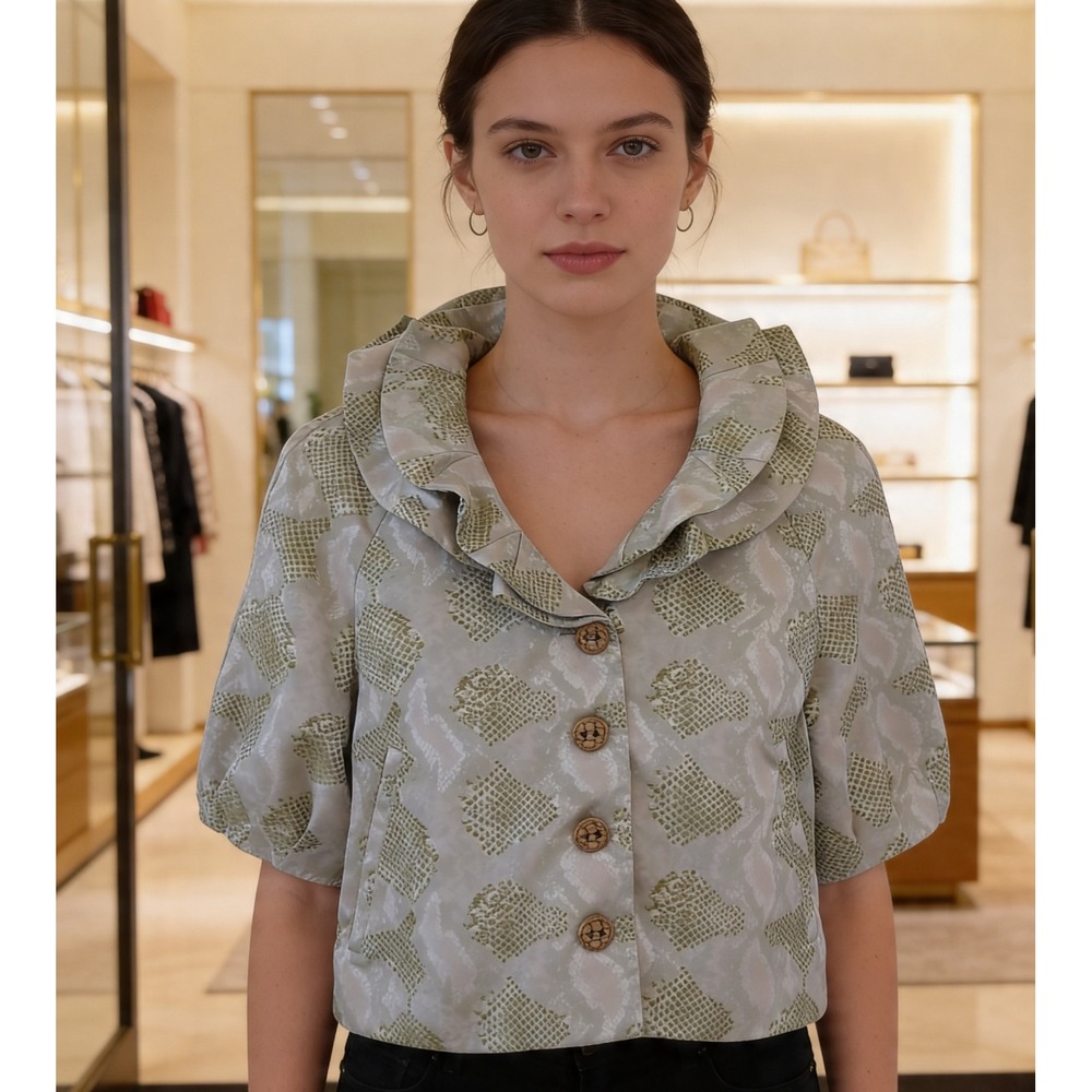 Samuel Dong Womens Sage Green Snakeskin Jacquard Portrait Collar Jacket Size L